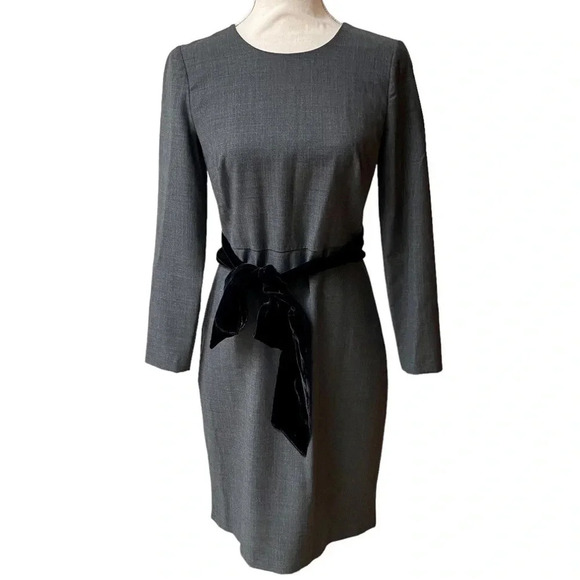 J. Crew Exeter Wool Dress Gray Black Velvet Bow Waist Fitted Size 2 - Picture 2 of 16